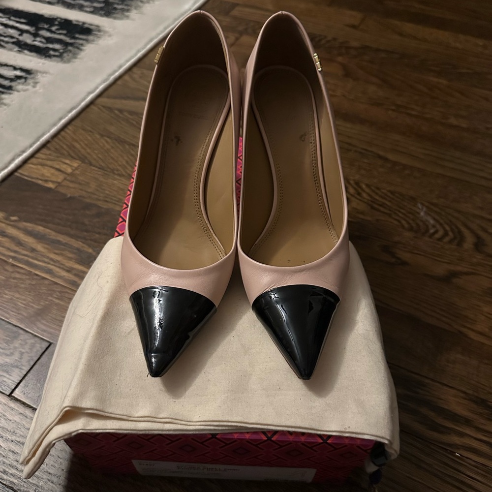Tory Burch Blush Nude and Black Pointed Penelope Pumps